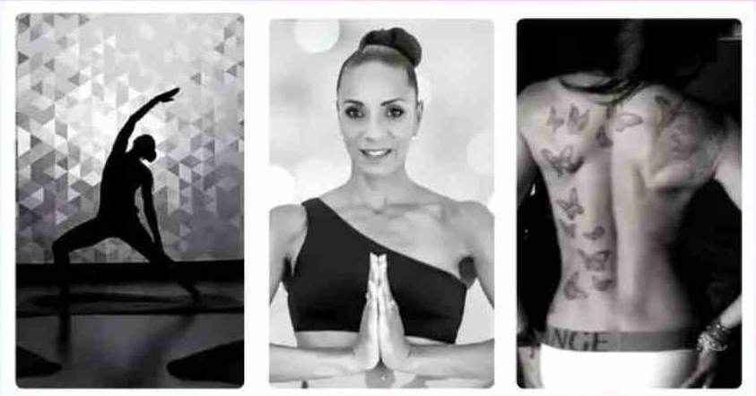 black and white photos of Gloria practicing yoga poses